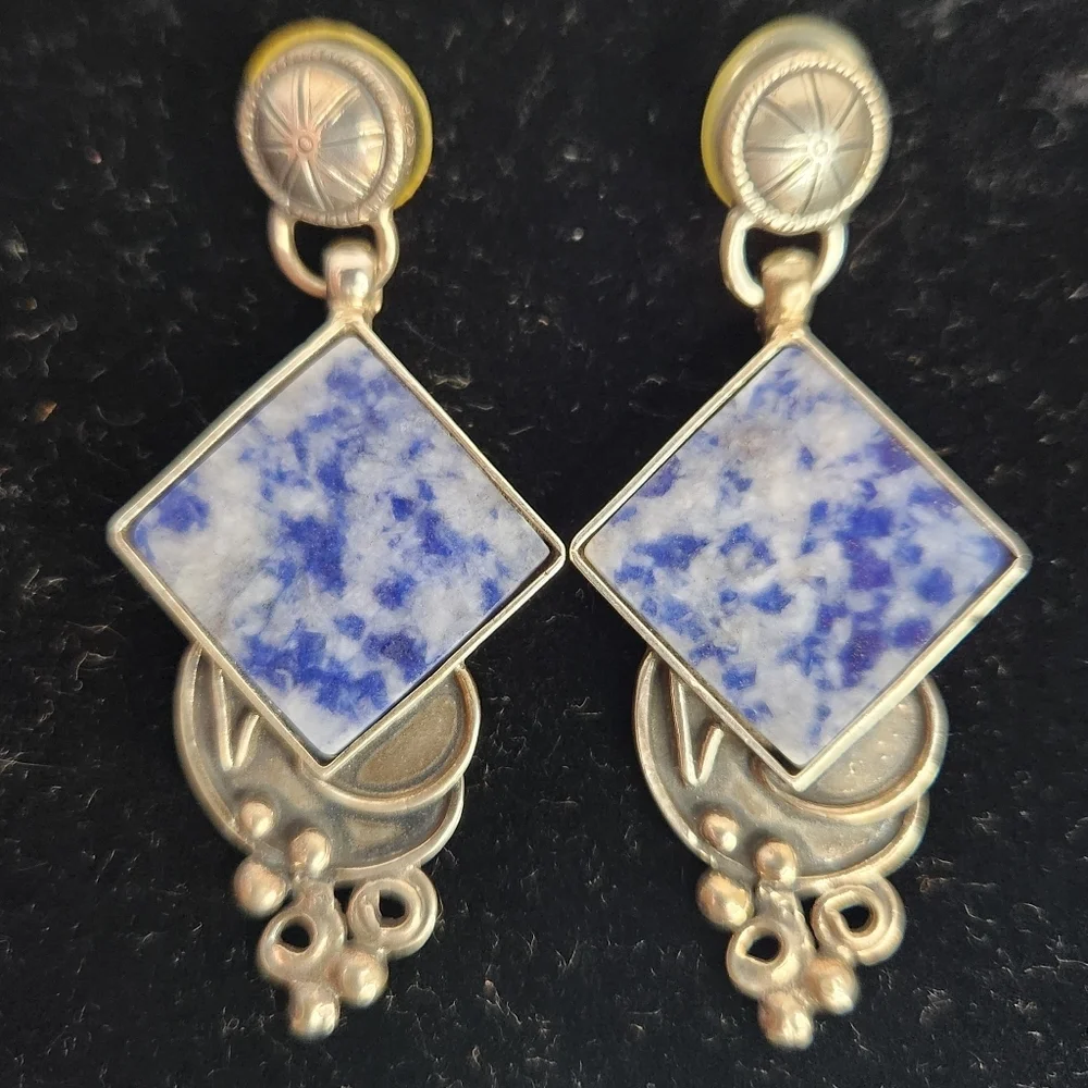 Stamped vintage 925 silver/Sodalite tile modern design handcrafted earrings - Picture 2 of 5